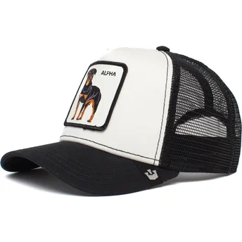 czapka-trucker-biala-i-czarna-pies-rottweiler-alpha-dog-the-farm-od-goorin-bros