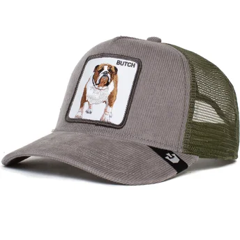 czapka-truckerka-szara-i-zielona-z-psem-buldogiem-butch-wulbul-corduroy-the-farm-od-goorin-bros