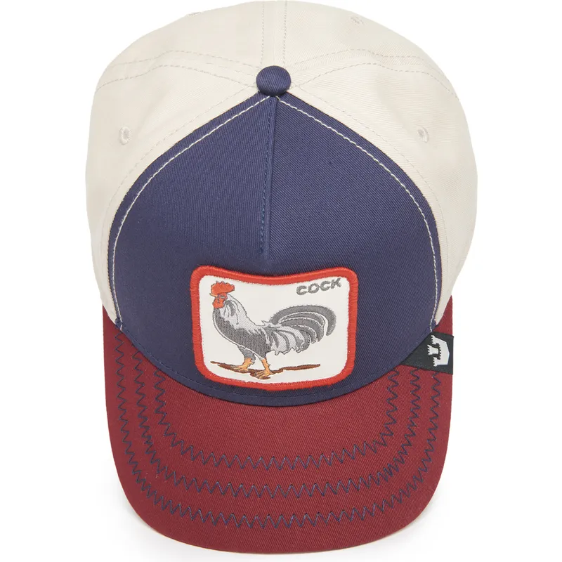 granatowa-bezowa-i-czerwona-zakrzywiona-czapka-snapback-kogut-cock-all-american-rooster-100-the-farm-all-over-canvas-od-goorin-b