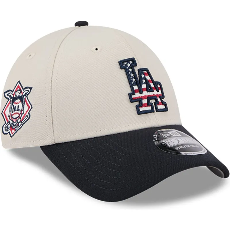 bezowo-granatowa-zakrzywiona-czapka-snapback-9forty-stretch-snap-4th-of-july-los-angeles-dodgers-mlb-new-era