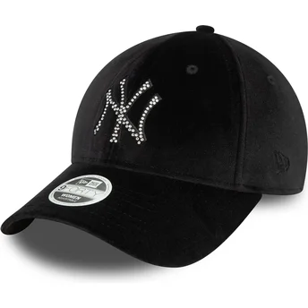 Czarna zakrzywiona regulowana czapka dla kobiet 9FORTY Velour Diamante New York Yankees MLB od New Era