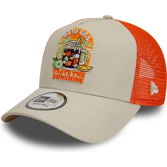 New Era 9FORTY A Frame Summer Patch Taste The Sunshine Beige and Orange Trucker Hat