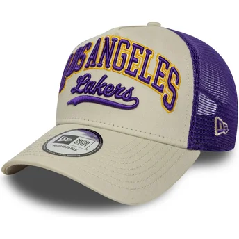 Beżowo-fioletowa czapka truckerka E Frame Script Los Angeles Lakers NBA od New Era
