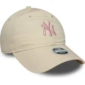new-era-curved-brim-women-pink-logo-9twenty-contrast-stitch-new-york-yankees-mlb-beige-adjustable-cap
