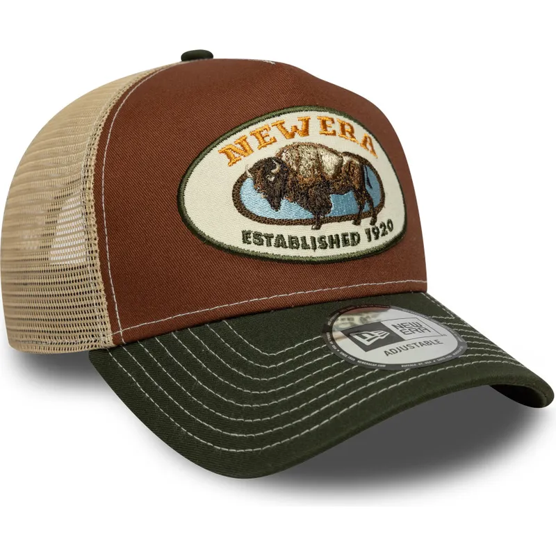 czapka-trucker-brazowo-zielona-a-frame-animal-patch-z-bawolem-new-era