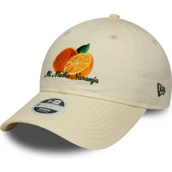 New Era Curved Brim Women 9TWENTY Phrase Mi Media Naranja Beige Adjustable Cap