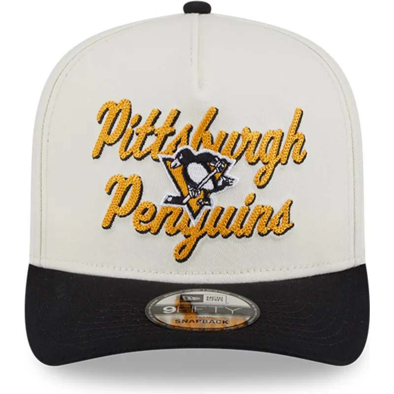 bezowo-czarna-zakrzywiona-czapka-snapback-9fifty-a-frame-chainstitch-pittsburgh-penguins-nhl-new-era