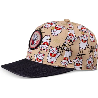 Czapka z płaskim daszkiem beżowo-czarna snapback dla chłopca Lucky Cat Linen od Djinns