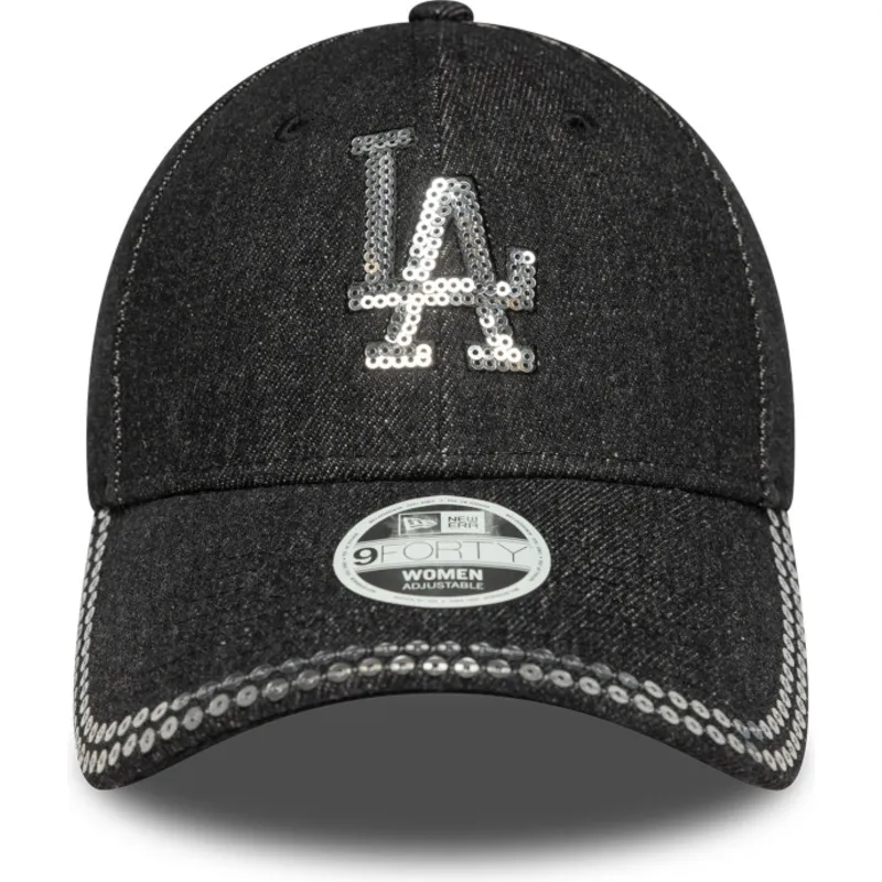 czarna-regulowana-czapka-z-zakrzywionym-daszkiem-dla-kobiet-9forty-sequin-denim-los-angeles-dodgers-mlb-new-era