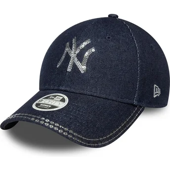 Gorra curva azul marino ajustable para mujer 9FORTY Sequin Denim de New York Yankees MLB de New Era