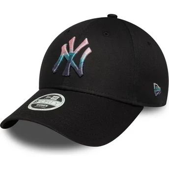 Gorra curva negra ajustable para mujer 9FORTY Metallic Logo de New York Yankees MLB de New Era