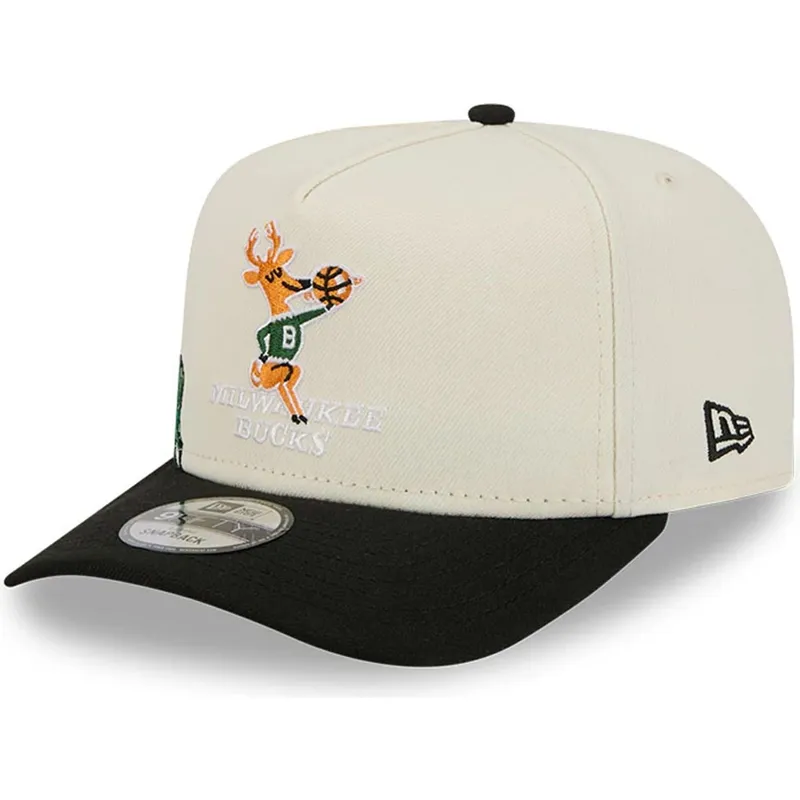 bezowo-czarna-zakrzywiona-czapka-snapback-9fifty-a-frame-precurved-hardwood-classics-milwaukee-bucks-nba-new-era