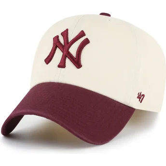 47 Brand Curved Brim Clean Up Two Tone No Loop Label New York Yankees MLB Beige and Maroon Adjustable Cap