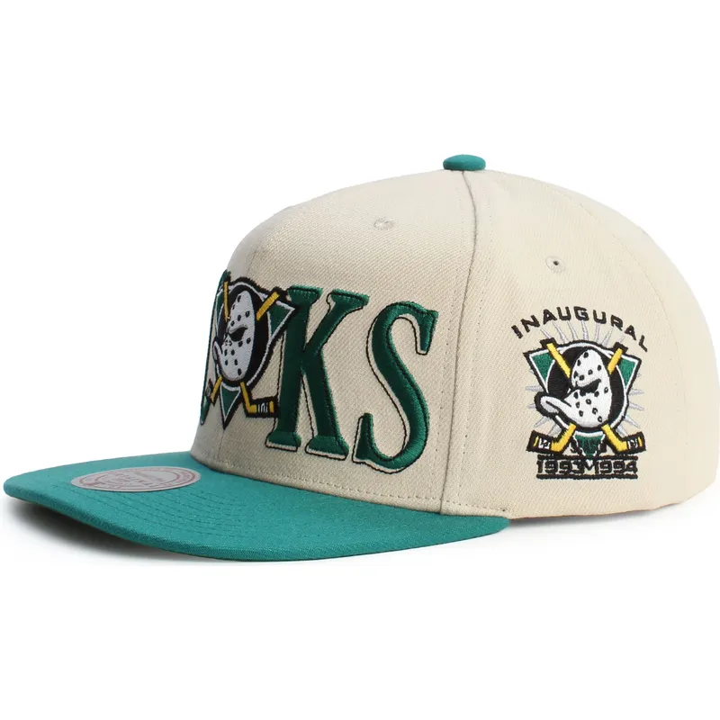 mitchell-ness-flat-brim-across-the-board-anaheim-ducks-nhl-green-and-beige-snapback-cap