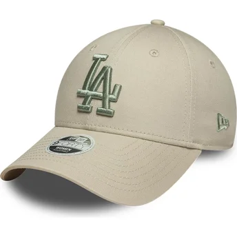 New Era Curved Brim Women Green Logo 9FORTY League Essential Los Angeles Dodgers MLB Beige Adjustable Cap