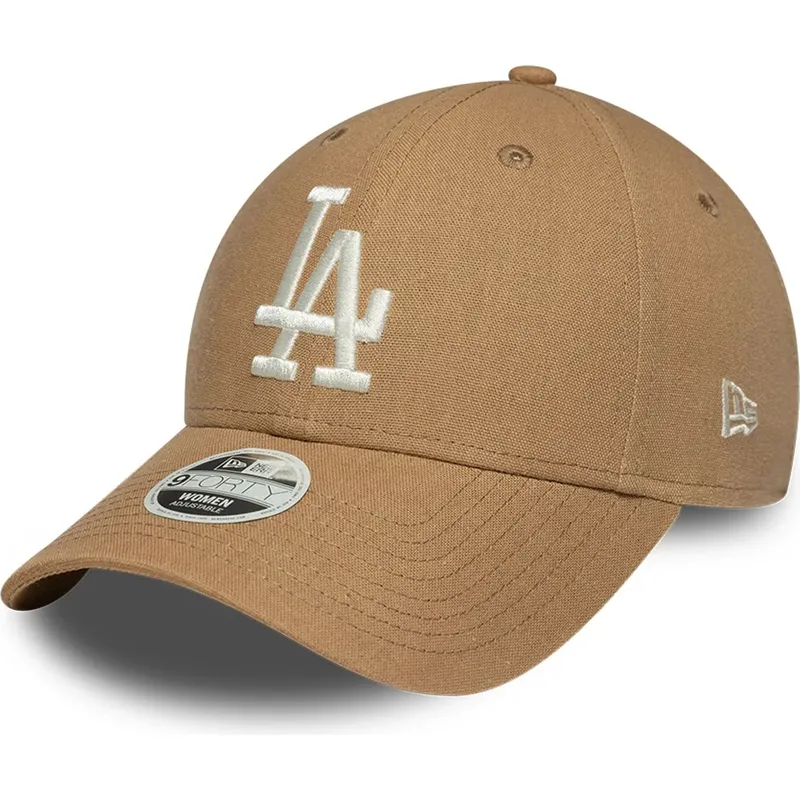 brazowa-regulowana-czapka-z-zakrzywionym-daszkiem-dla-kobiet-9forty-linen-los-angeles-dodgers-mlb-new-era