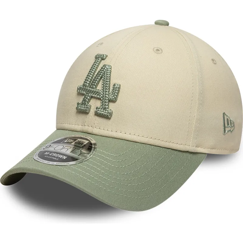 new-era-curved-brim-green-logo-9forty-m-crown-side-script-los-angeles-dodgers-mlb-beige-and-green-snapback-cap