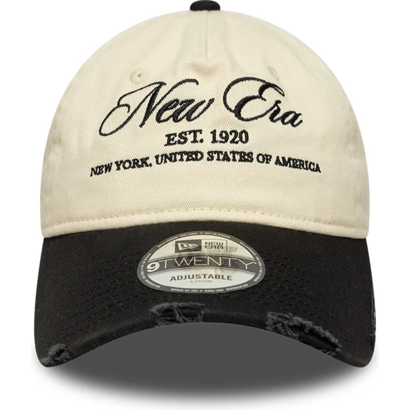 new-era-curved-brim-9twenty-wash-distress-a-frame-beige-and-black-adjustable-cap