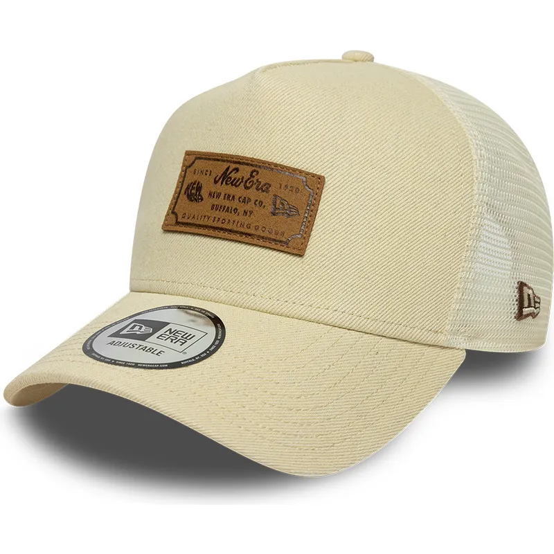 gorra-trucker-beige-a-frame-denim-leather-patch-de-new-era