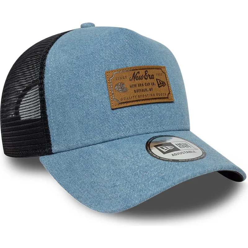 czapka-trucker-niebieska-a-frame-denim-leather-patch-new-era
