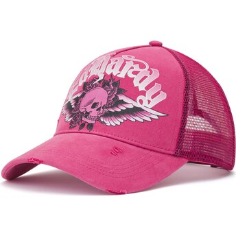 Kepurė išlenkta rožinė snapback Flaming Gothic Skull Washed Ed Hardy